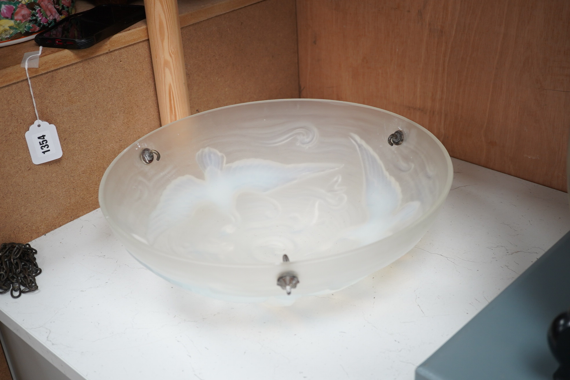 A Lalique style glass plaffonier, decorated with birds and fish, 39cm diameter. Condition - good